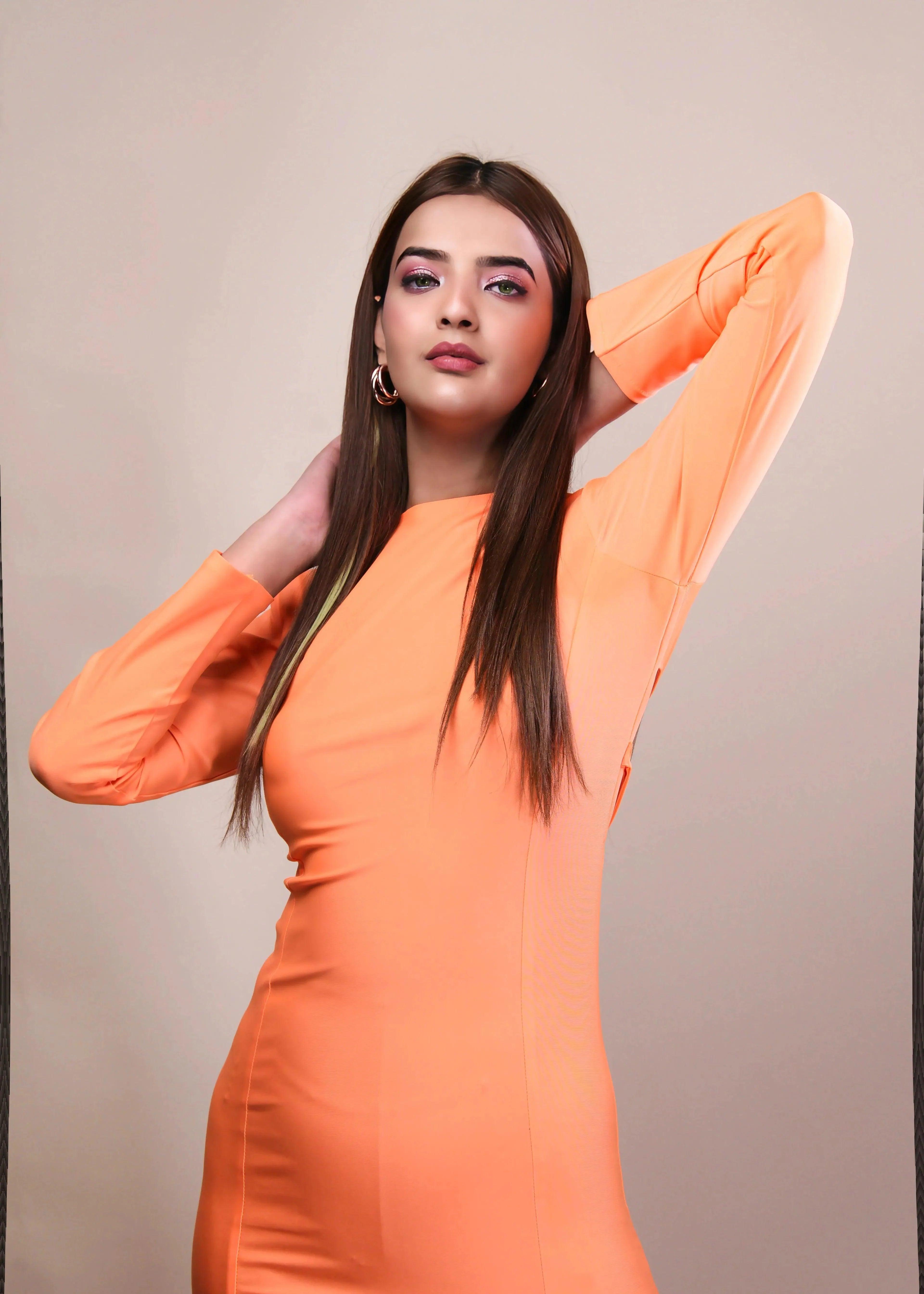 ORANGE DACRON BACKLESS WITH TIE UP STRING BODYCON DRESS - Her Soul