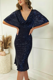 Radiant Allure: Alvara Sequin Midi Blue Bodycon Dress - Her Soul