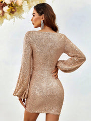 Radiant Allure: Surplice Neck Lantern Sleeve Champagne Sequin Bodycon Dress - Her Soul