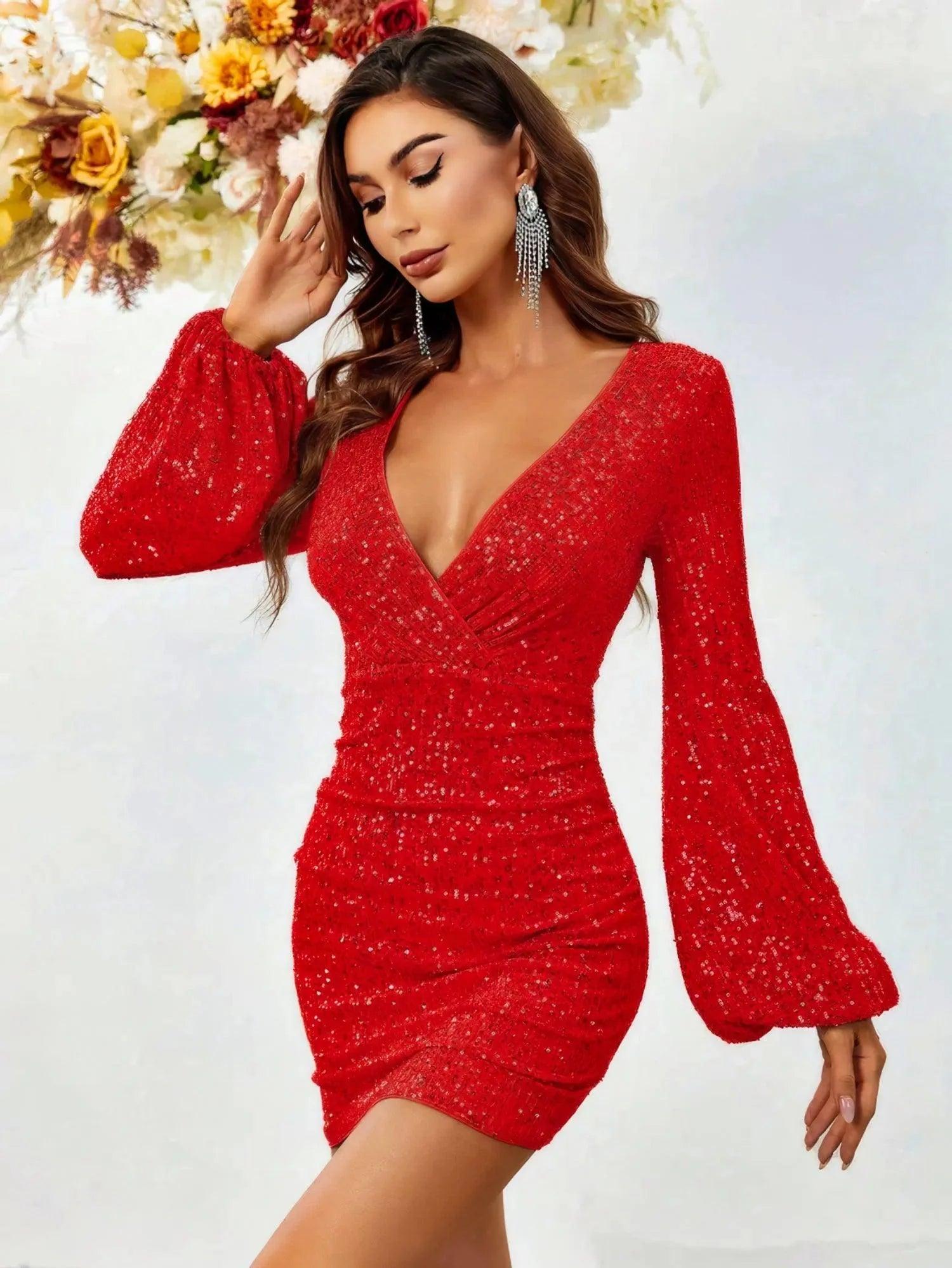 Radiant Allure: Surplice Neck Lantern Sleeve Sequin Bodycon Dress - Her Soul