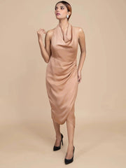 RADIANT BEIGE SATIN HALTER NECK BODYCON DRESS - Her Soul