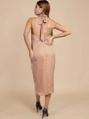 RADIANT BEIGE SATIN HALTER NECK BODYCON DRESS - Her Soul