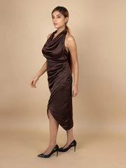 RADIANT DARK BROWN SATIN HALTER NECK BODYCON DRESS - Her Soul