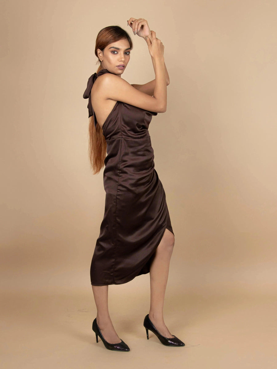 RADIANT DARK BROWN SATIN HALTER NECK BODYCON DRESS - Her Soul