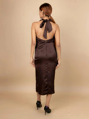 RADIANT DARK BROWN SATIN HALTER NECK BODYCON DRESS - Her Soul