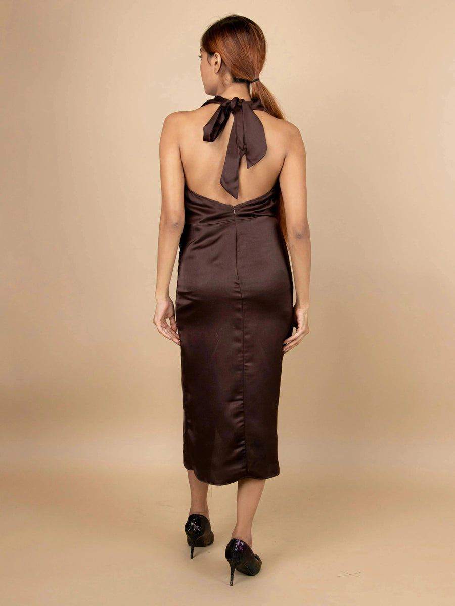 RADIANT DARK BROWN SATIN HALTER NECK BODYCON DRESS - Her Soul