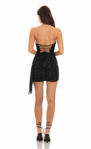 Radiant Nights Strapless Black Sequin Tassel Corset Dress - Her Soul