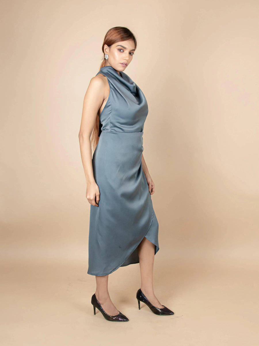 RADIANT TEAL BLUE SATIN HALTER NECK BODYCON DRESS - Her Soul