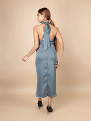 RADIANT TEAL BLUE SATIN HALTER NECK BODYCON DRESS - Her Soul