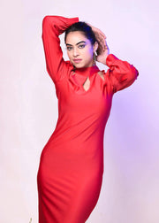 RED DACRON CHIC MIDI DRESS WITH DELICATE KEYHOLE CUTOUTS AND HIGH NECKLINE - Her Soul