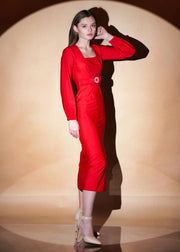 RED DACRON ELEGANT LONG SLEEVE SIMPLE CHIC DRESS - Her Soul