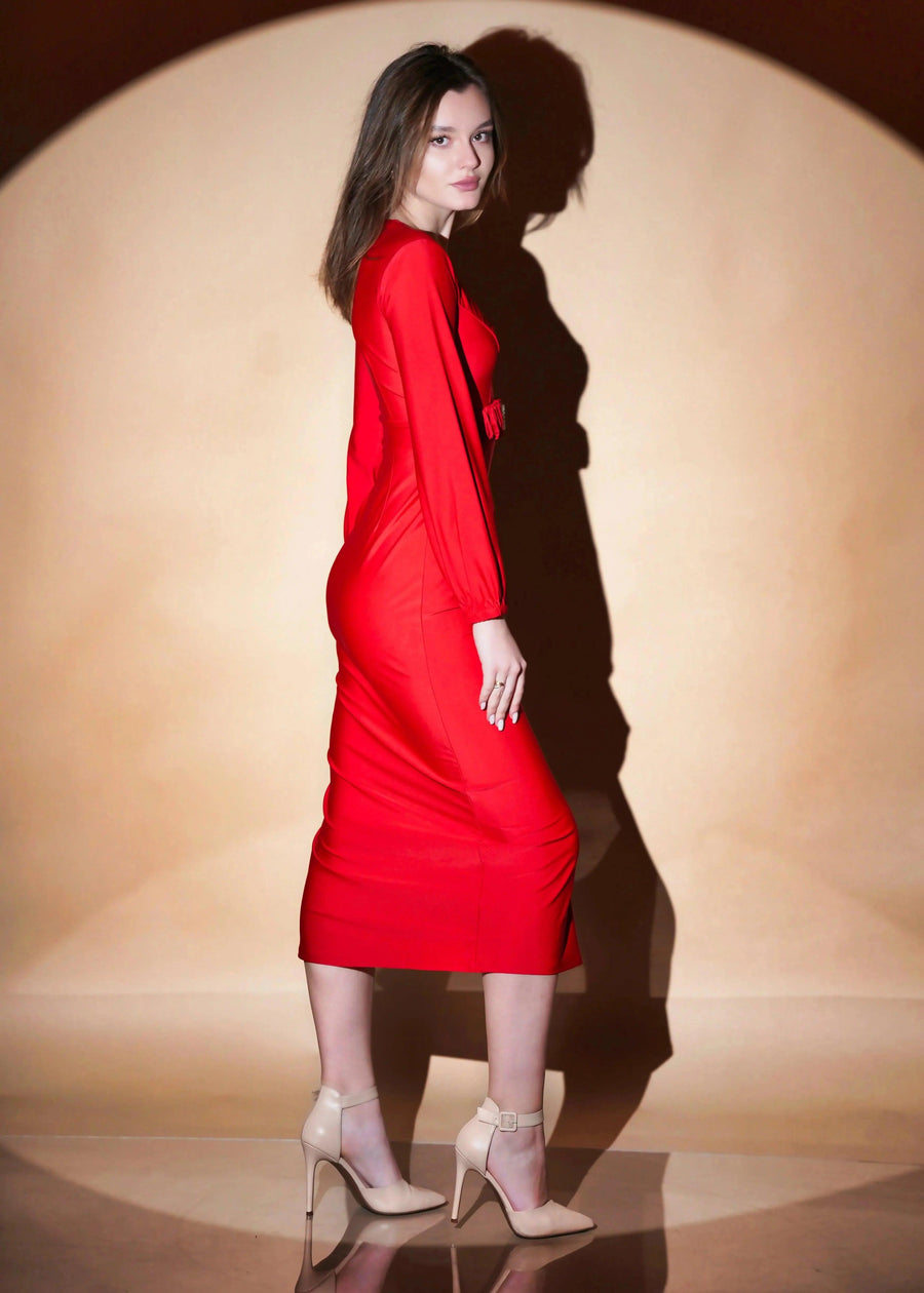 RED DACRON ELEGANT LONG SLEEVE SIMPLE CHIC DRESS - Her Soul