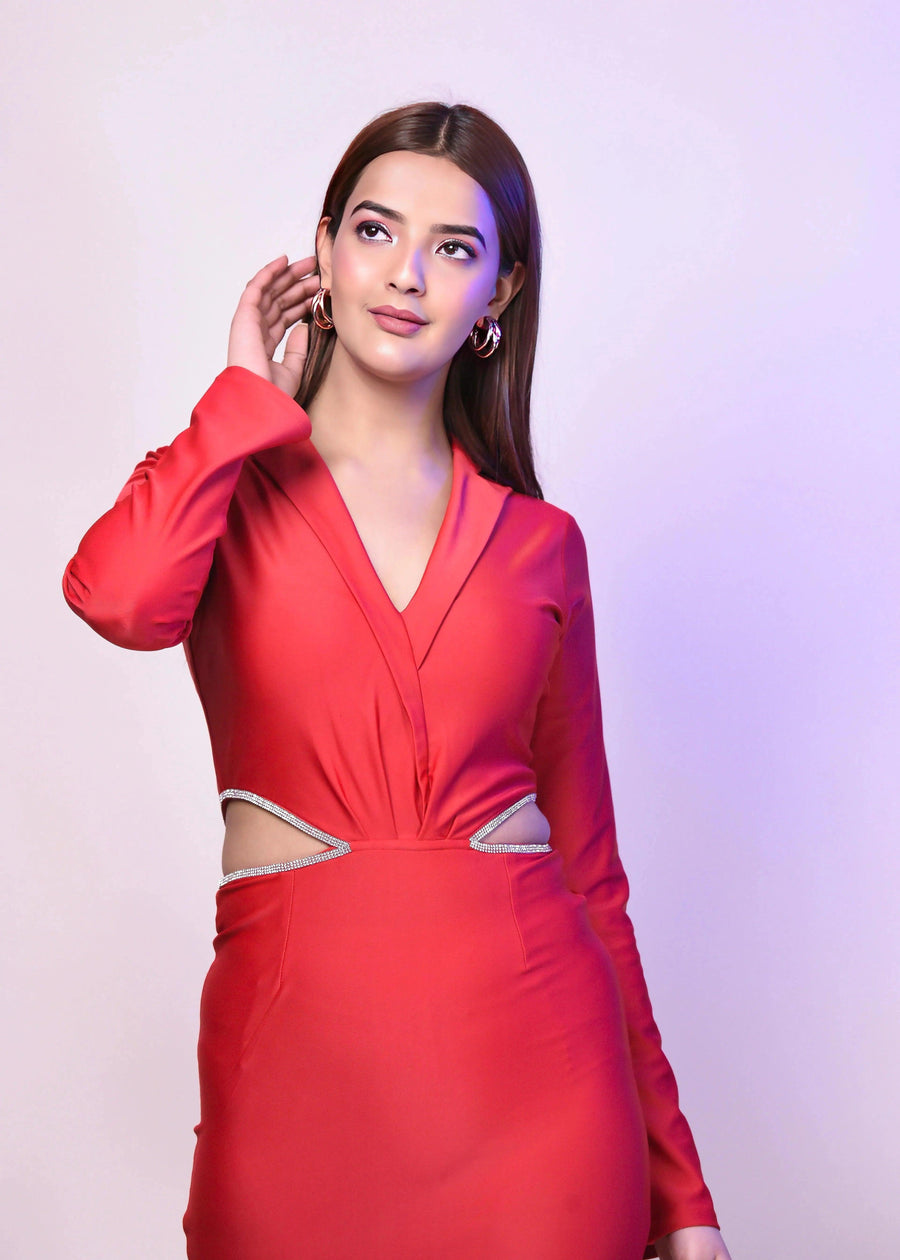 RED DACRON HOT CUT OUT WAIST DRESS - Her Soul