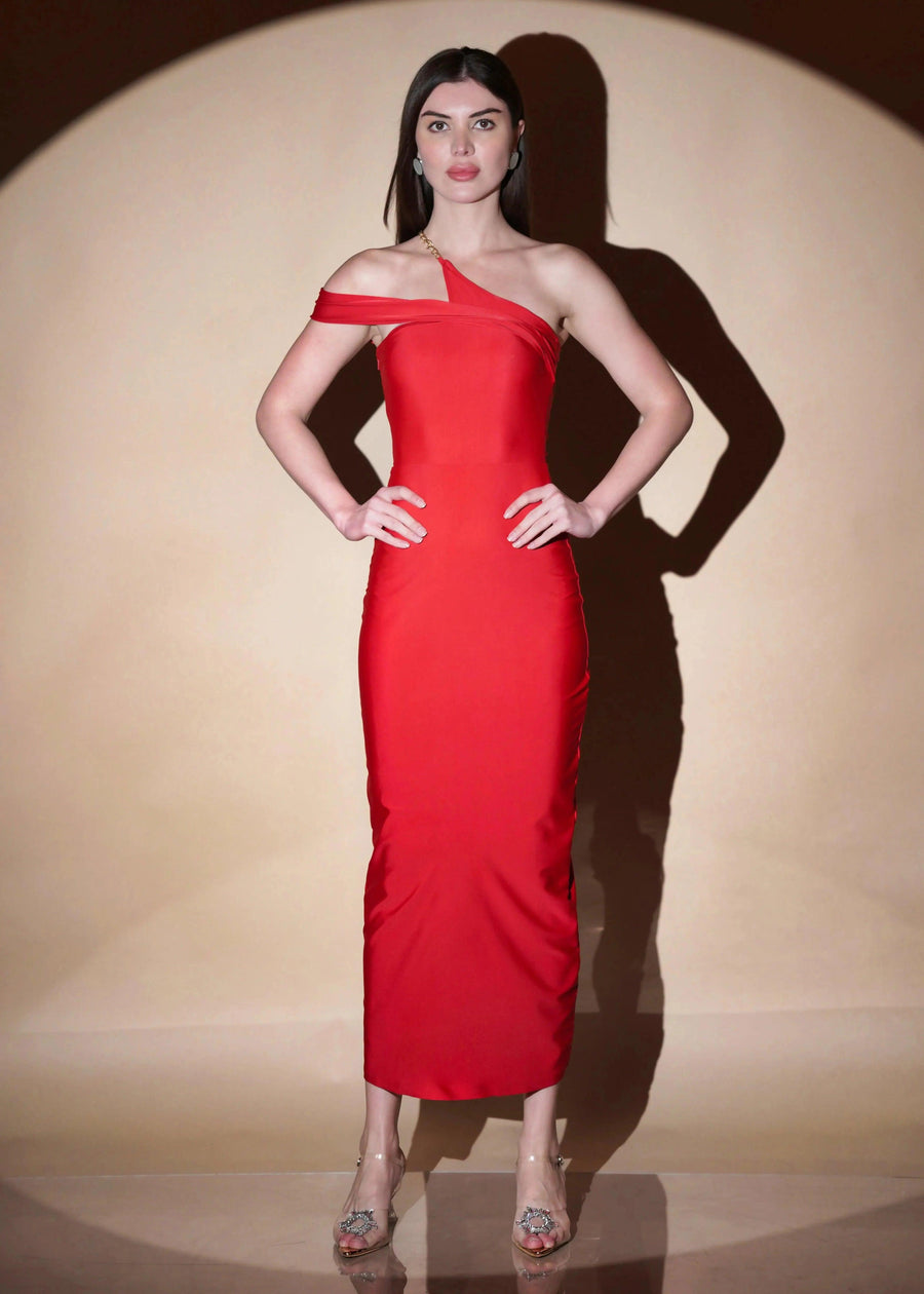 RED DACRON ONE SHOULDER SLIM FIT SLIT ON LONG DRESS - Her Soul