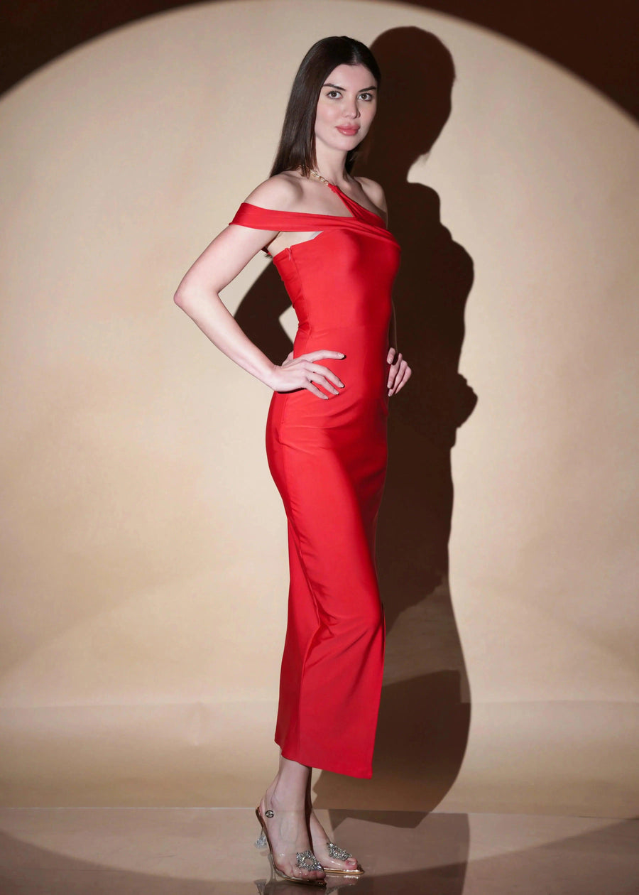 RED DACRON ONE SHOULDER SLIM FIT SLIT ON LONG DRESS - Her Soul