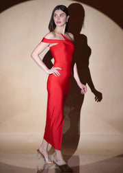 RED DACRON ONE SHOULDER SLIM FIT SLIT ON LONG DRESS - Her Soul