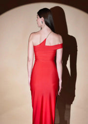 RED DACRON ONE SHOULDER SLIM FIT SLIT ON LONG DRESS - Her Soul