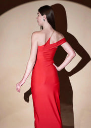 RED DACRON ONE SHOULDER SLIM FIT SLIT ON LONG DRESS - Her Soul