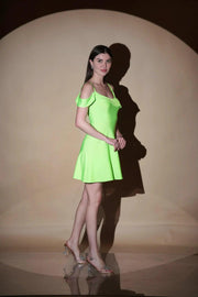 Radiant Green Dacron Draped Neck A-Line Mini Dress