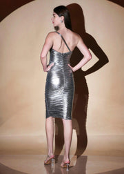 SILVER METALLIC ONE SHOULDER STRIP WITH RUCHED DRESS - Her Soul