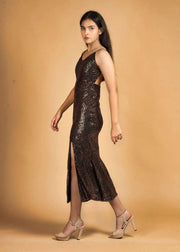 SLEEK SENSATION BLACK & COPPER SEQUIN SLIP DRESS - Her Soul