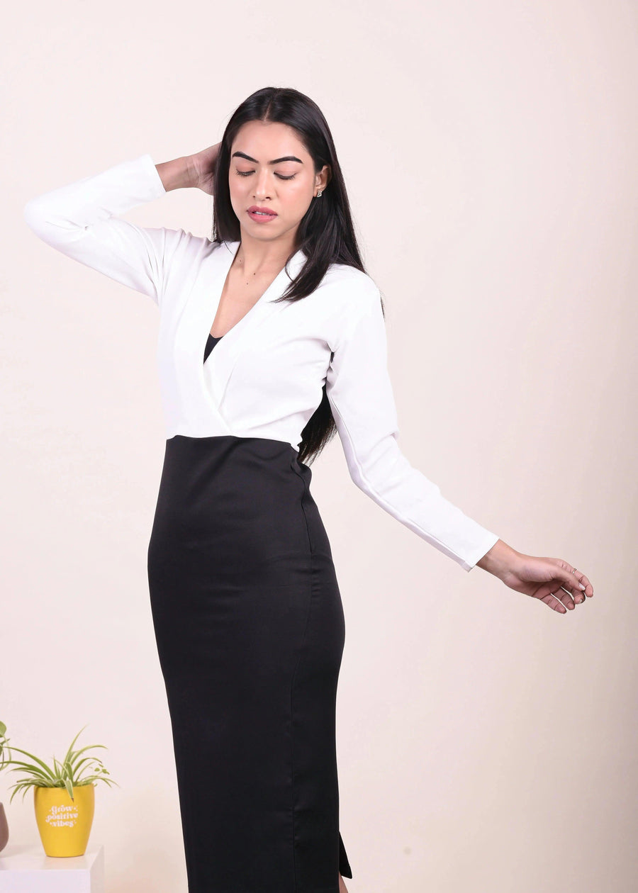 WHITE AND BLACK CLASSIC CONTRAST MIDI DRESS - Her Soul