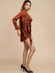 One-Shoulder Copper Satin Draped Dress - HERSOUL