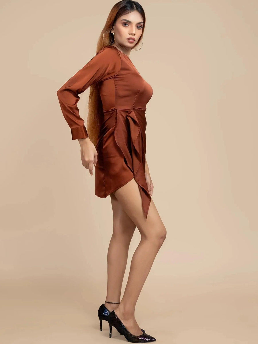 One-Shoulder Copper Satin Draped Dress - HERSOUL